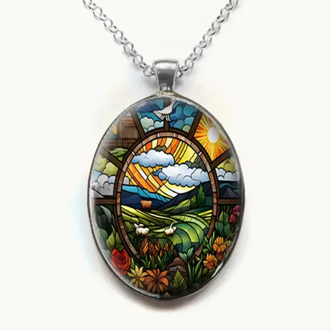 Oval Shaped Glass Pendant Necklace with Sunset Field Pattern, Romantic and Fashionable Jewelry