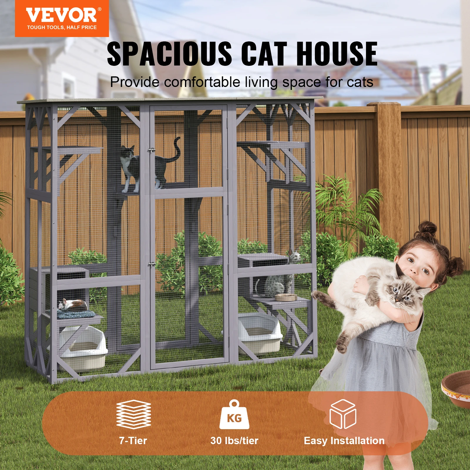 VEVOR Cat House Outdoor 7-Tier Large Catio Cat Enclosure with 5 Platforms 2 Resting Boxes & Large Front Door 71.2x34.6x66.5 in