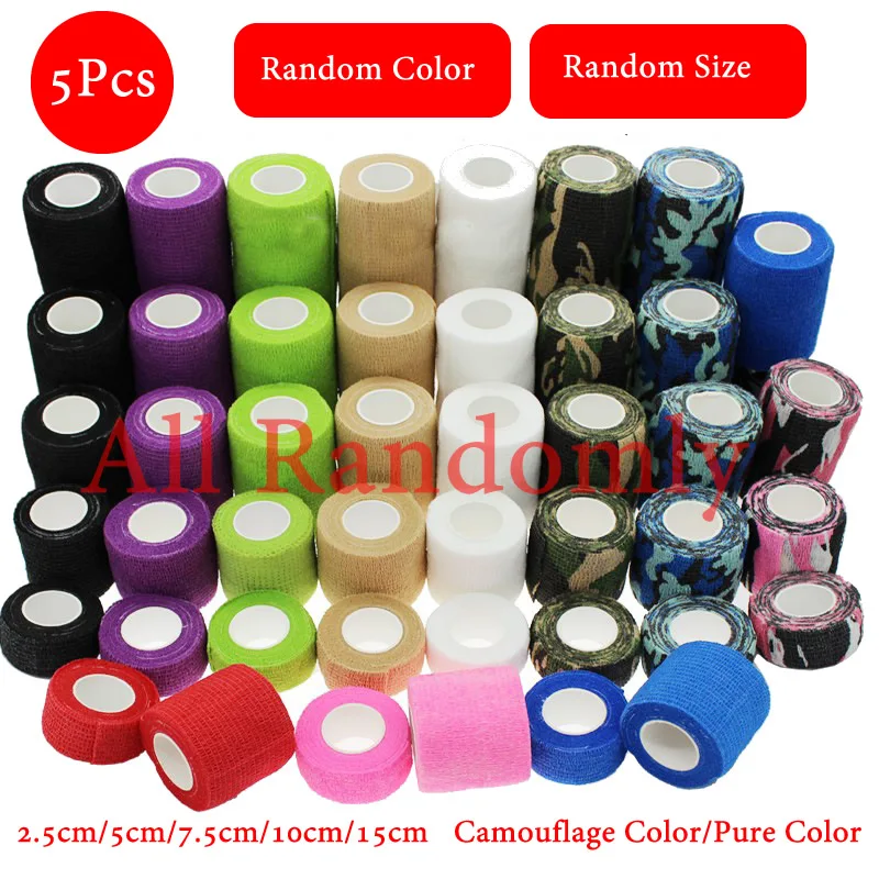 5Pcs สีสุ่มขนาด Self-กาว Camouflage ไม่ทอผ้าพันแผลยืดหยุ่น Cohesive Wrap สำหรับกีฬาฉุกเฉินแผล treatment