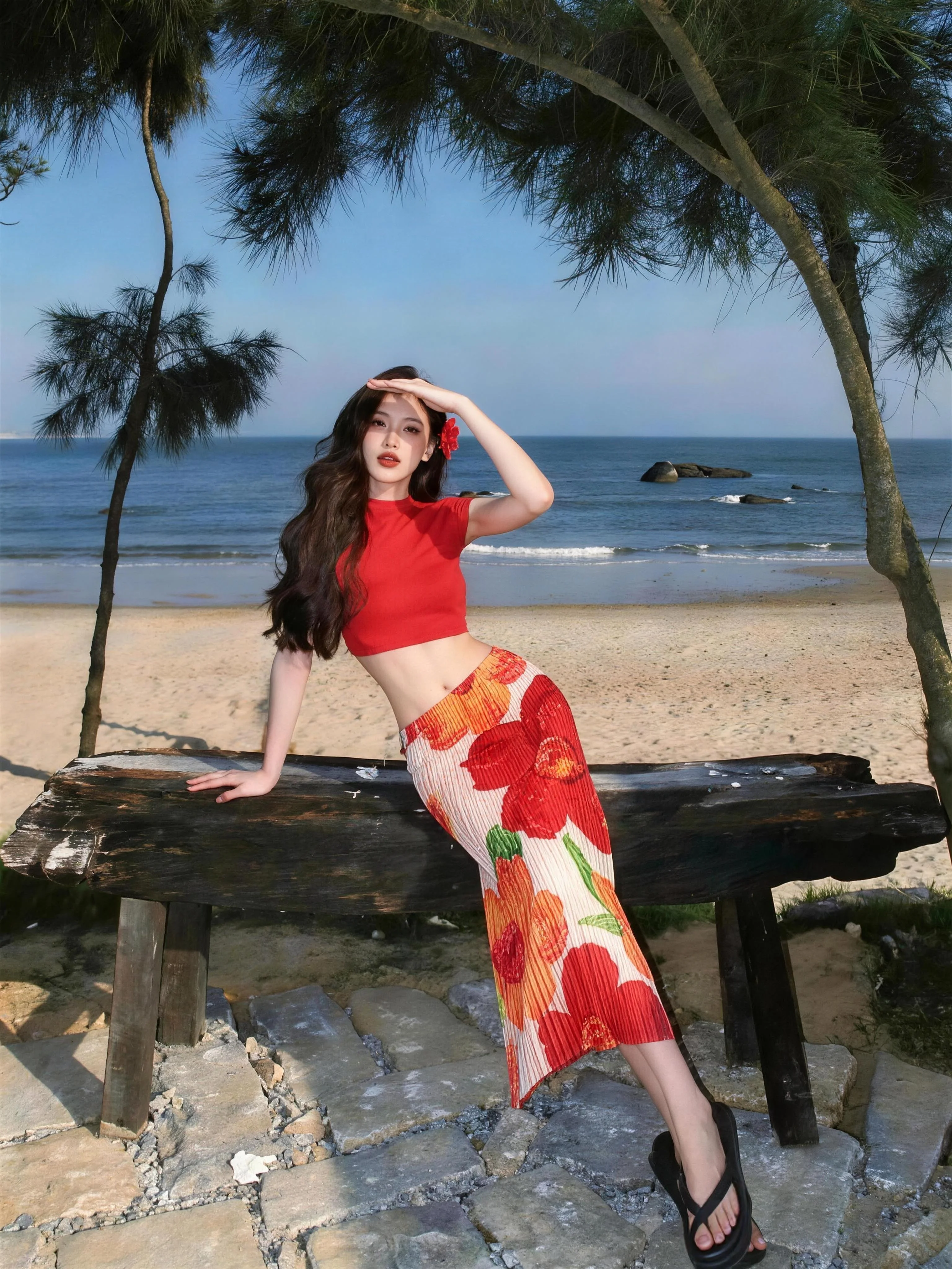 High Waist Ice Silk Three Pleated Floral Half Skirt Women's Summer Beach Vacation Midi One-Piece Skirt Small Stature