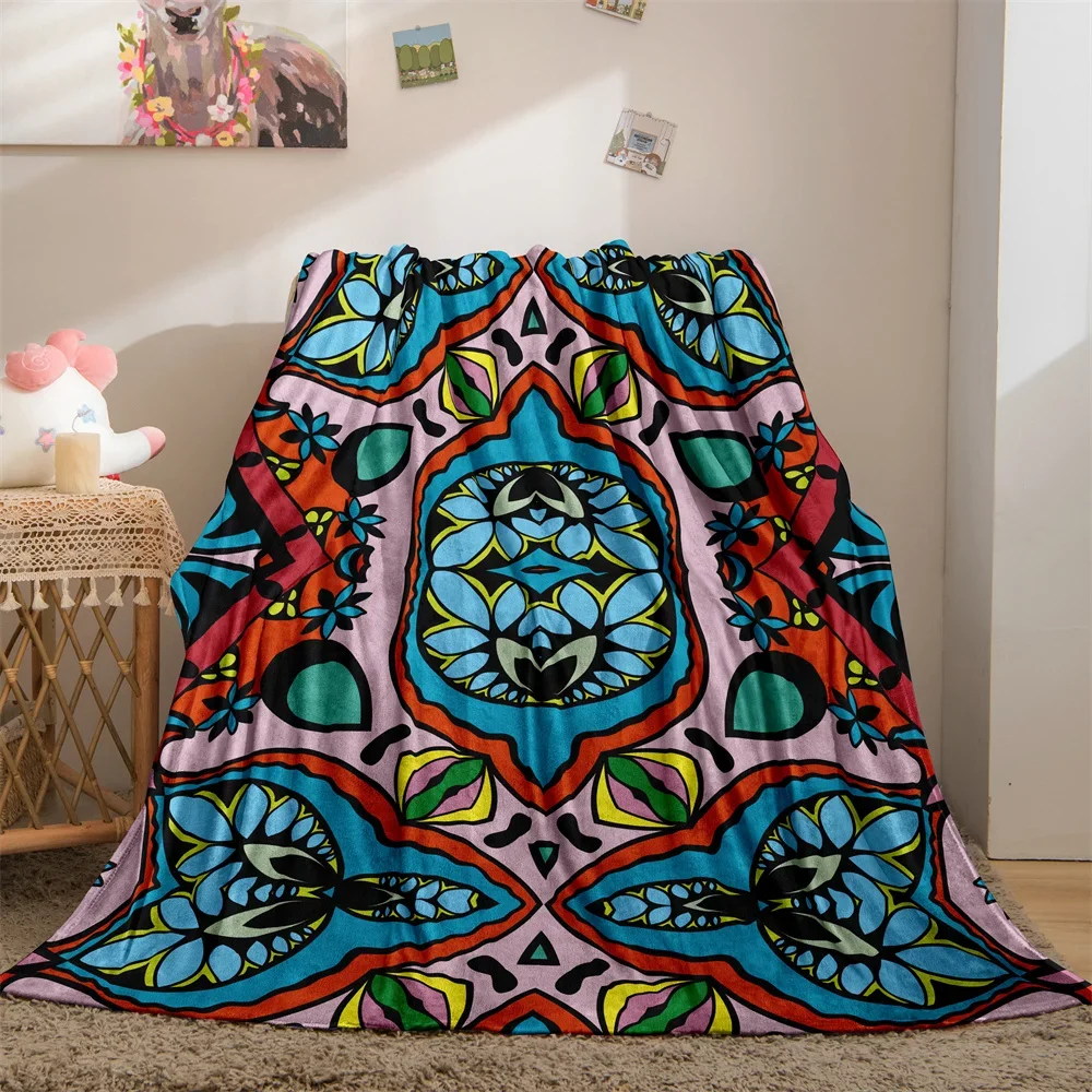 Ethnic Style Abstract Art Design Flannel Throw Blanket for Bed Sofa Couch Blanket Super Soft Warm Lightweight King Queen Size