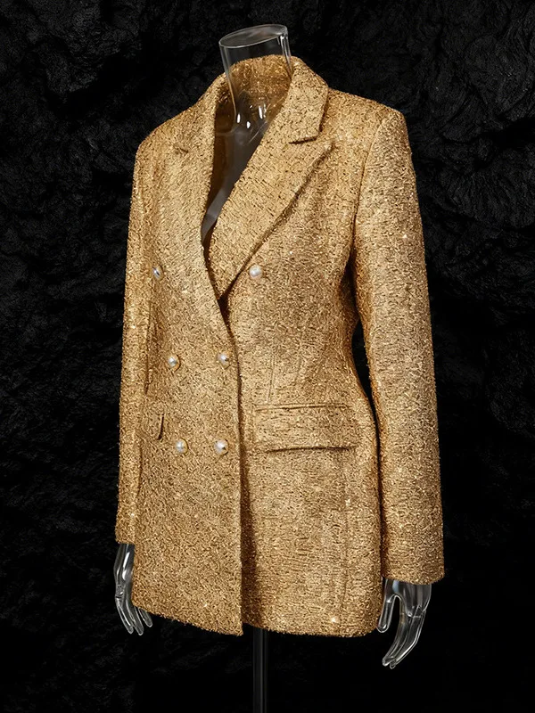  Autumn Winter Showcased Shiny Silk Loose Midi Waist-Cinching Women's Suit Jacket French Style Slim Fit Long Sleeve