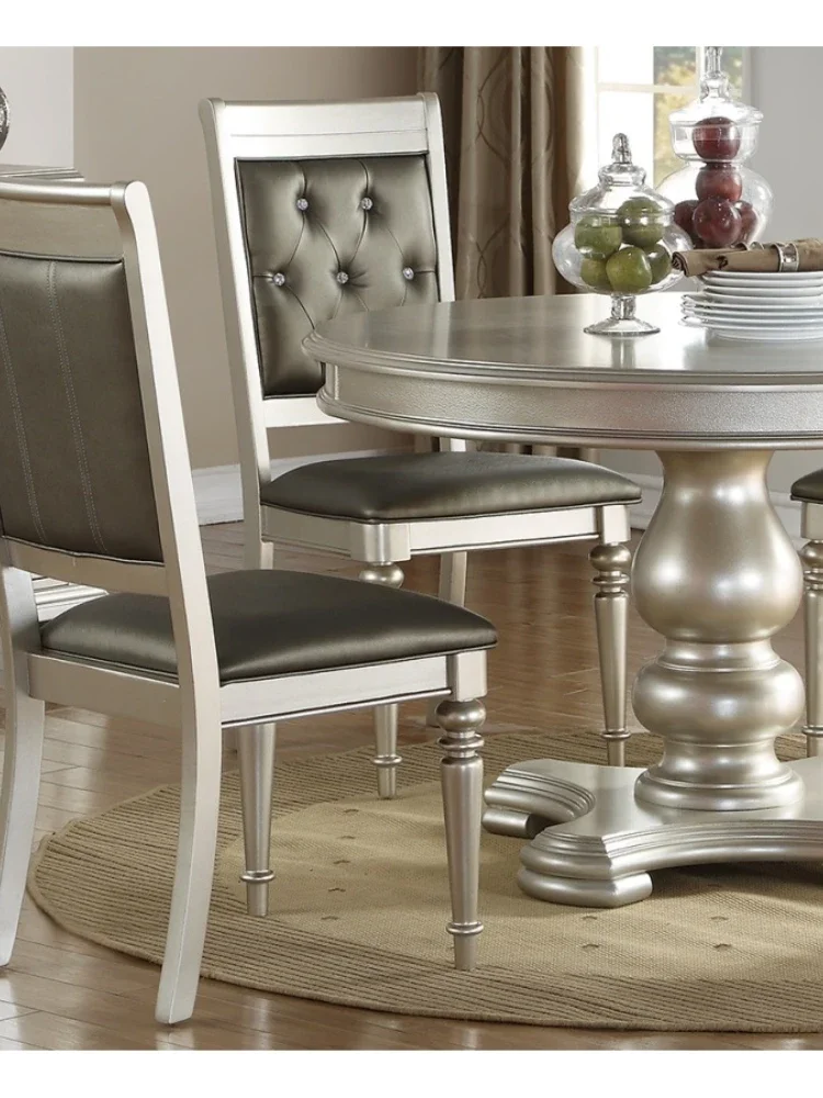 Round Dining Table Silver / Grey Finish Rubber wood Frame Center Glass Top Dinette Table