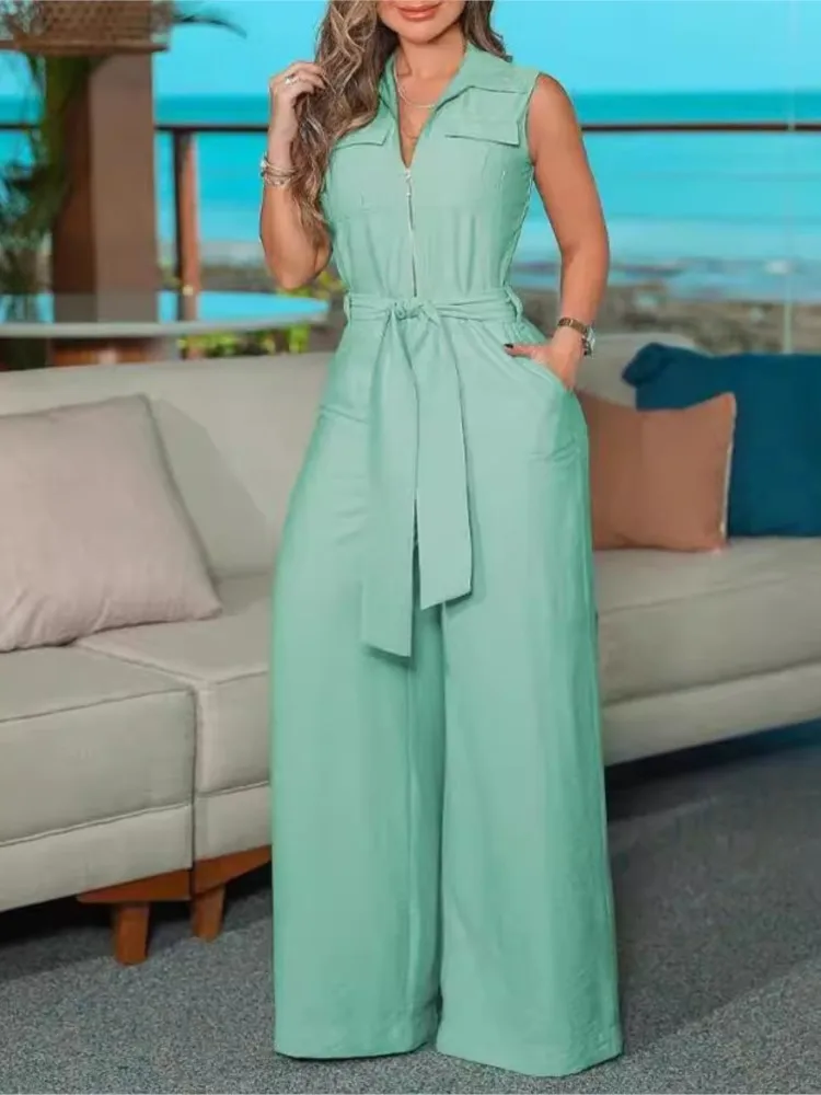 Cintura da donna con cinturino con cerniera solida Tuta a gamba larga Nuovo colletto della camicia Pantaloni dritti a gamba larga senza maniche Abbigliamento da strada casual