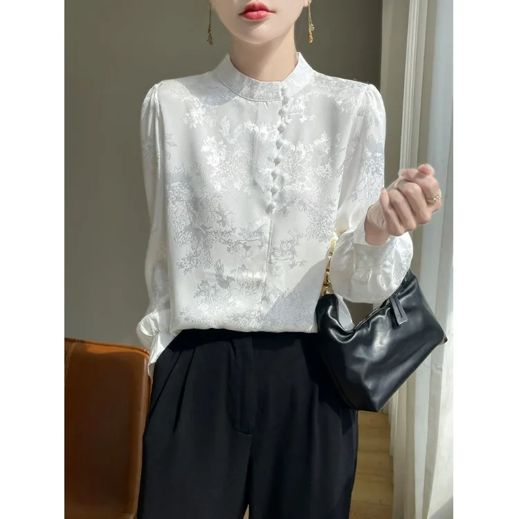White Silk Satin irt Women's Office Wear Long Sve Stand Collar Chinese Print Commute Top Spring Autumn Seasonal Faion