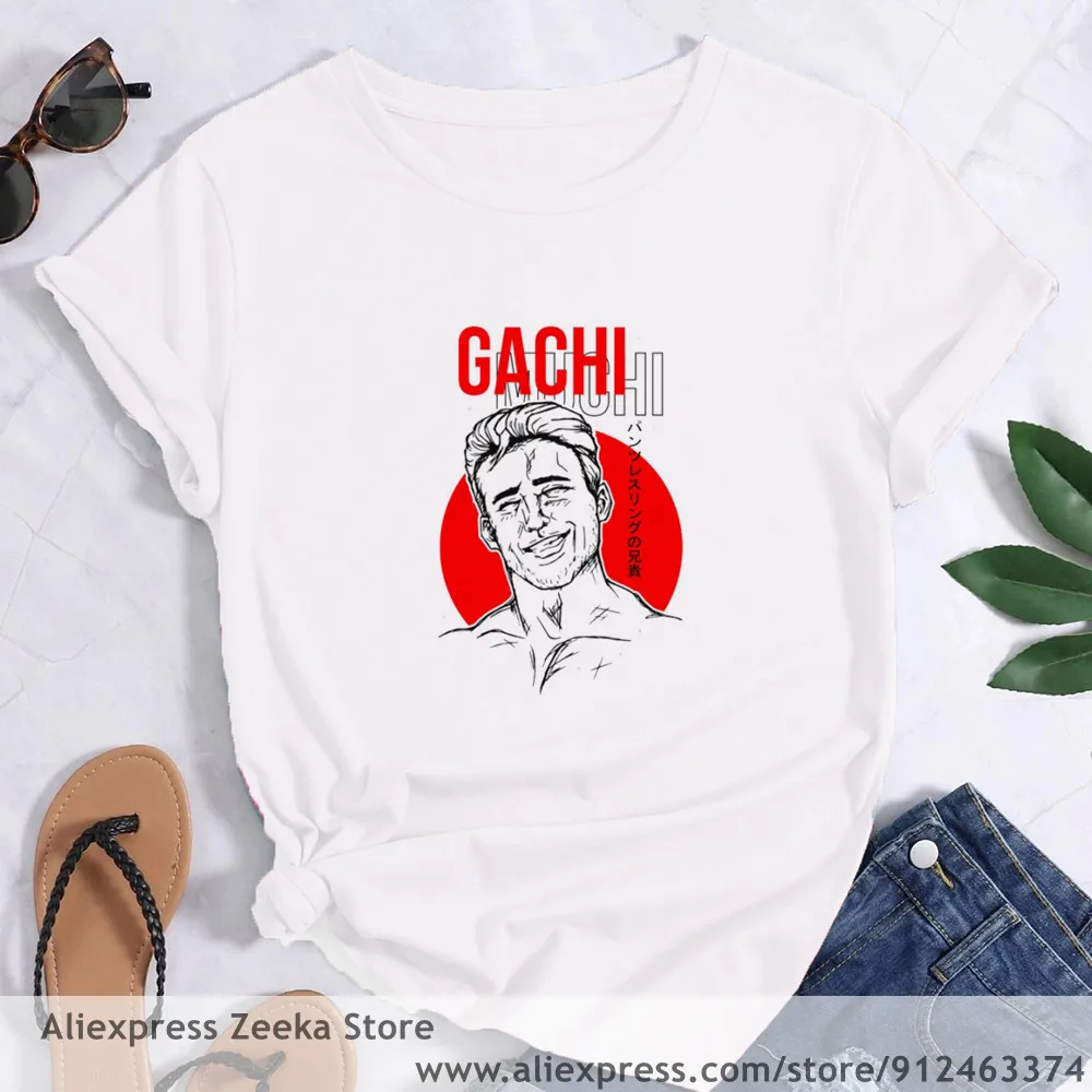 Gachimuchi Aniki Billy  Women Funny Print Ladies T-shirt Girl Y2K  Basis O-collar White Shirt Short