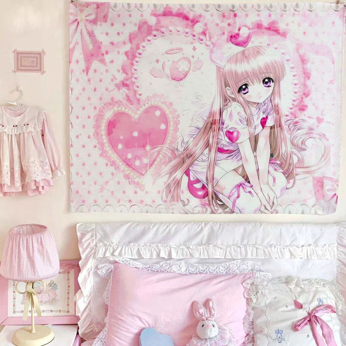 Asian Style Angel Pink Anime Tapestry Girlish Heart Decor for Dormitory Bedroom Old-school Wall Background