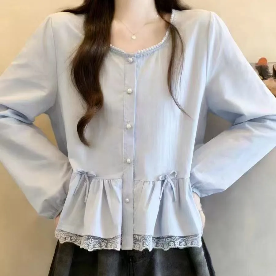 

Sweet Japanese Style Long Sleeve round Neck Lace Shirt Patchwork Hem Commute Style Loose Fit Polyester Spring New Arrival