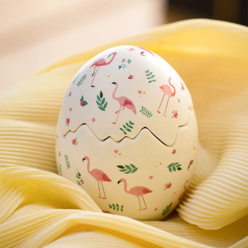 Easter Flamingo egg-shaped ceramic storage jar creative eggshell design detachable lid cute style desktop storage jar home decor