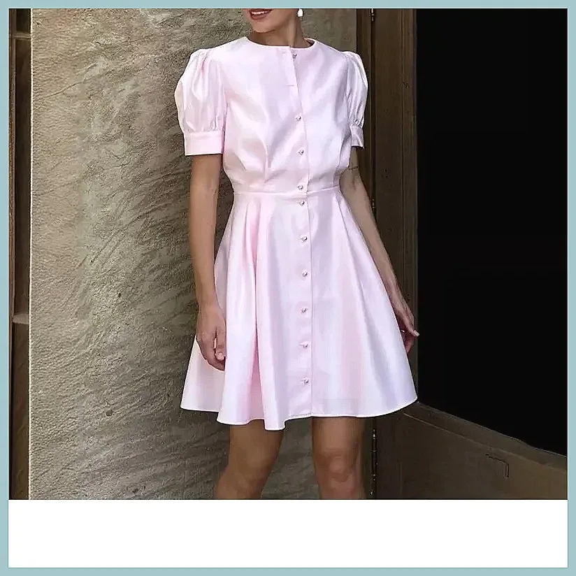 

Women's Elegant Satin A-Line Dress with Puff Sleeves, Pleated Waist & Pearl Buttons