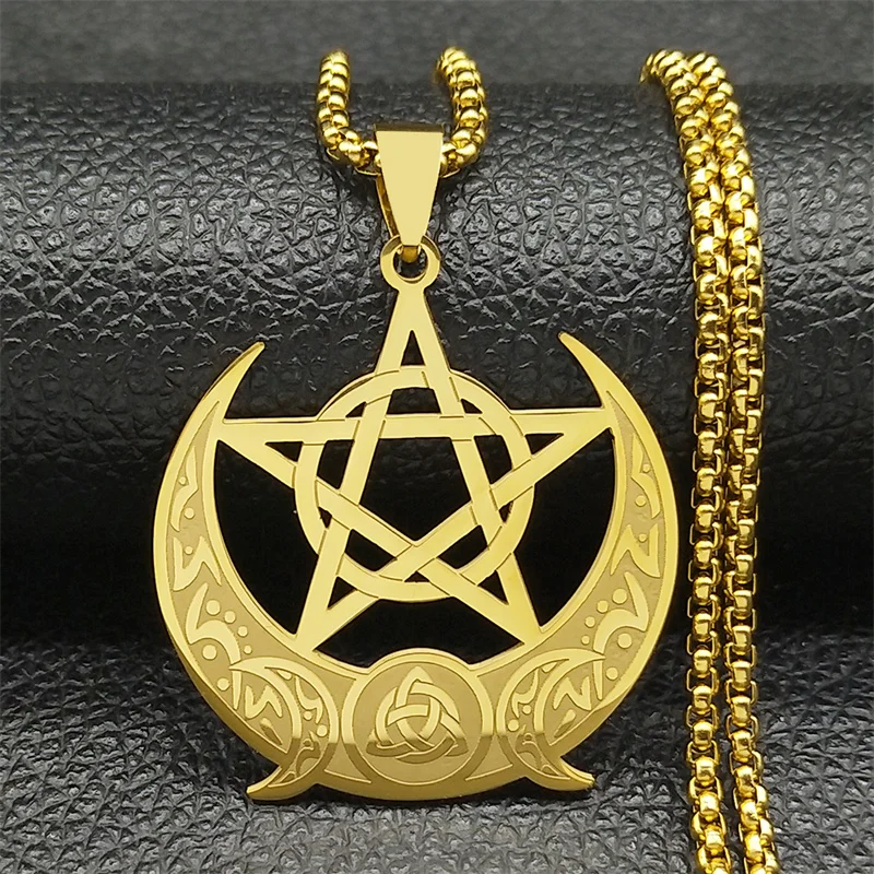 Wicca Triple Moon Goddess Trinity Knot Necklace for Women Men Stainless Steel Witch Pentagram Chain Jewelry collier N2665-7S02