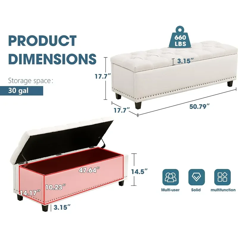 51 inch Ottoman Storage Benches 30 Gallons End of Bed Storage Bench Large Rectangular Ottoman Button Tufted Ottoman with