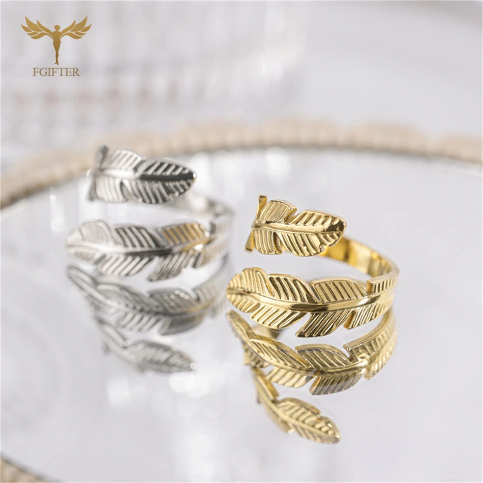 Stainless Steel Ring Wrap Finger Feather Open Ring Adjustable Size Fashion Women Jewelry Gold Silver Color Choose Small Gifts