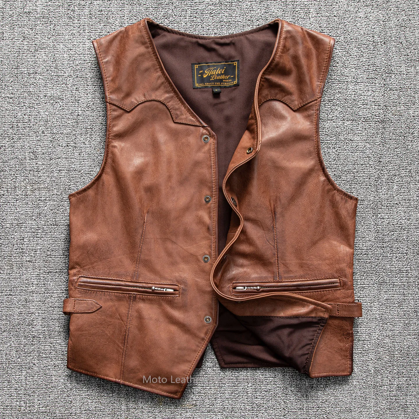 Men's Slim Amekaji Genuine Leather Vest Vintage First Layer Sheepskin Handmade Distressed Heavy Washed Waistcoat