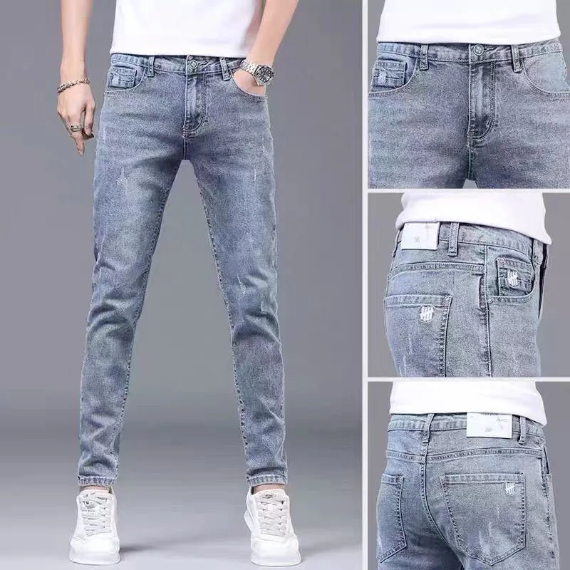 2023 Spring and Autumn New Fashion Solid Color Holes Small Feet Pants Men Casual Slim Comfortable Elastic High-Quality Jeans 36