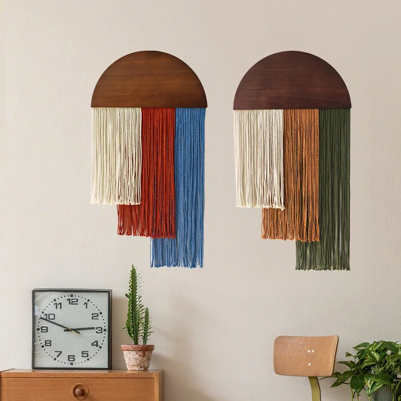 Bohemian Semi-Circular Handwoven Cotton Tassel Tapestry Wall Hanging Decor for Motel Homestay Boho Wooden Board Home Decor