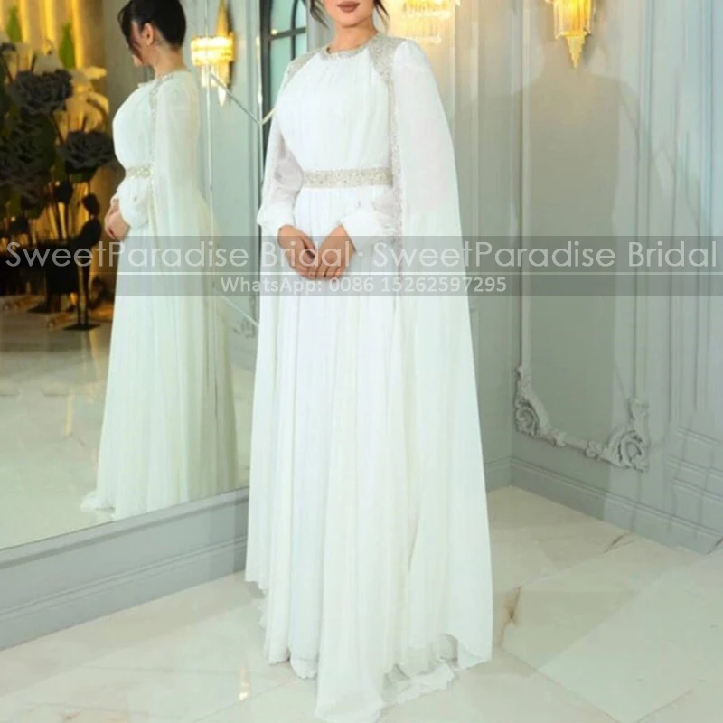 Customized Cloack Shawl Mother of the Bride Dresses A Line Heavily Beaded Long Sleeves White Chiffon Arabic Evening Dress