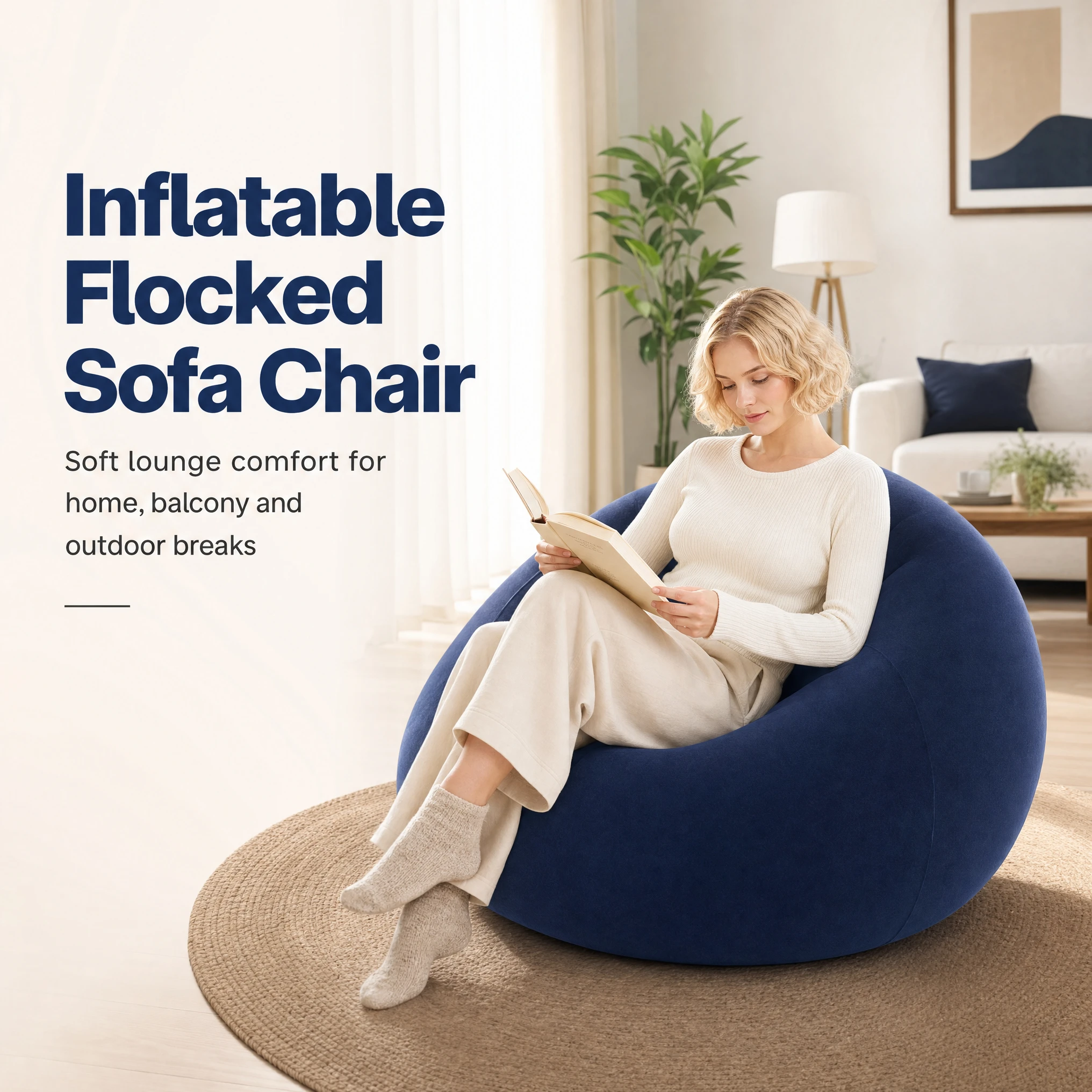 Flocked Round Inflatable Sofa Thickened PVC Ball Shape Lazy Lounge Chair Foldable Waterproof Sofa for Indoor Camping Bedroom Decor Gift