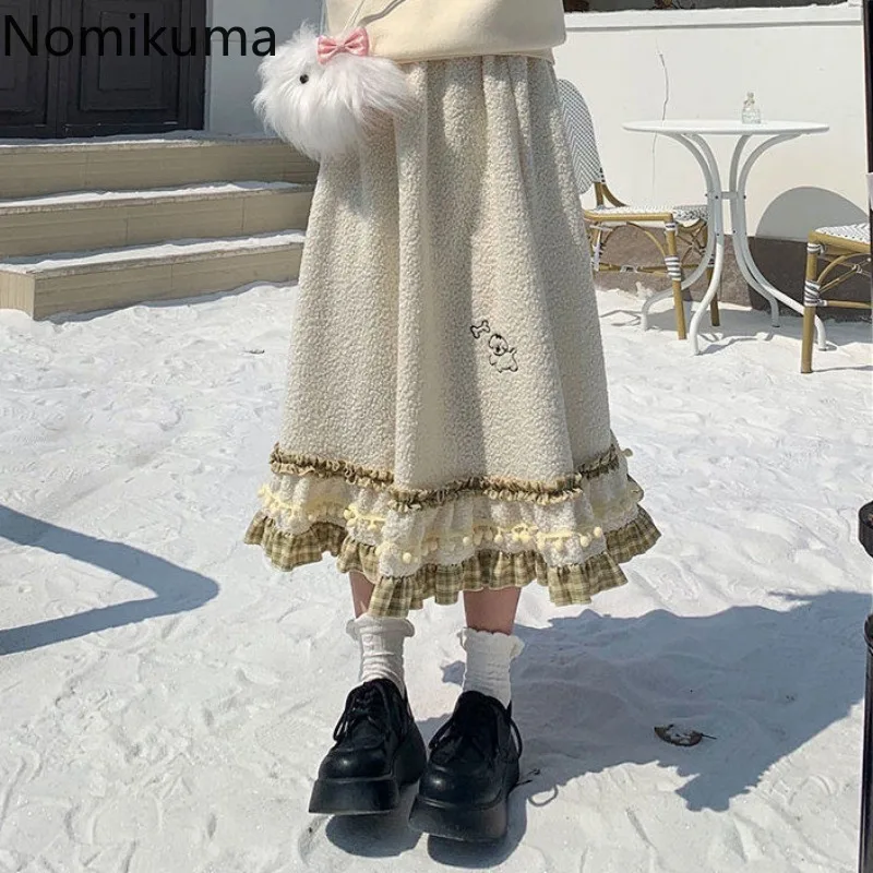 Japońska spódnica damska Kawaii Patchwork Plaid Ruffles Jupe 2024 Faldas Mujer De Moda Wysoka talia Big Swing Vintage Letnie spódnice