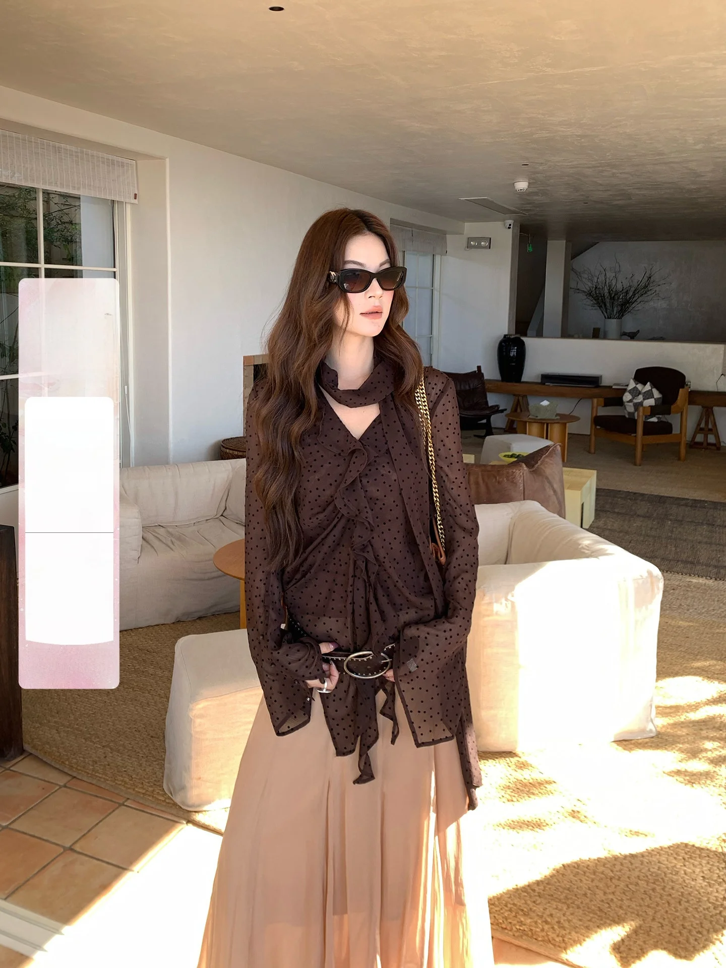 

French Style Long Sleeve Polka Dot Shirt Women's Design Sense Waist Cinched High End Feel Top Vintage Sash V Neck