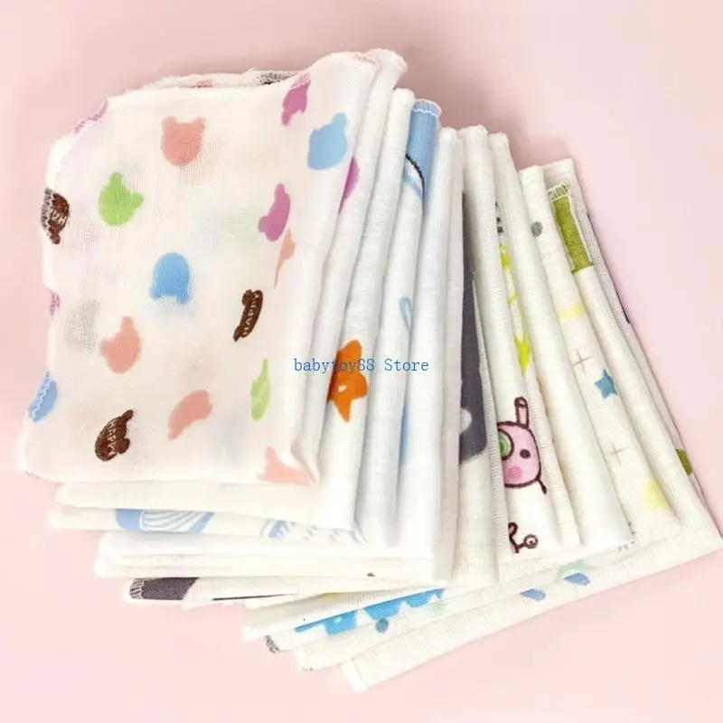 Y4UD 10Pcs 20x20cm Baby Washcloths Set Cartoon Print Double Layer Gauze Infant Face Towel Reusable Wipes Absorbent Square