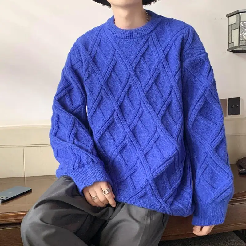 Retro Diamant Plaid Pullover Herren Winter Japanischen Lose Faul Stil Pullover Rundhals Innen Basis Shirt