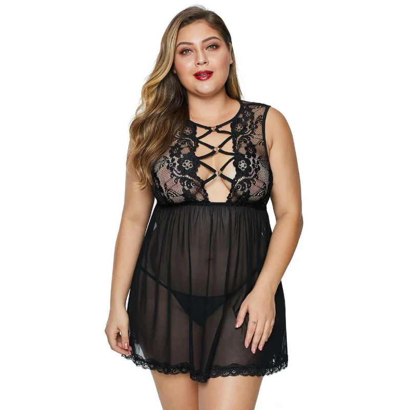 

Plus Size Women Nightgown Summer Thin Nightwear Sexy Lingerie Set Lace See Through Nightdress Nightie Sleepwear Female Pijama