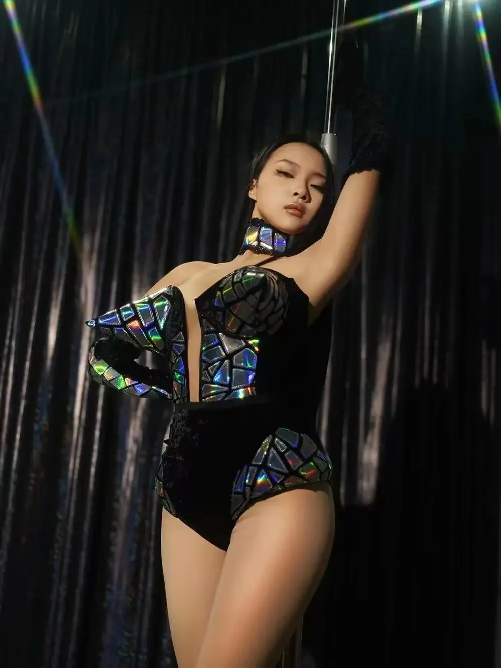 

Female Sexy Club Bodysuit Sets Women Reflective Sequins Outfit Exaggerated Design Stage Dance Costume