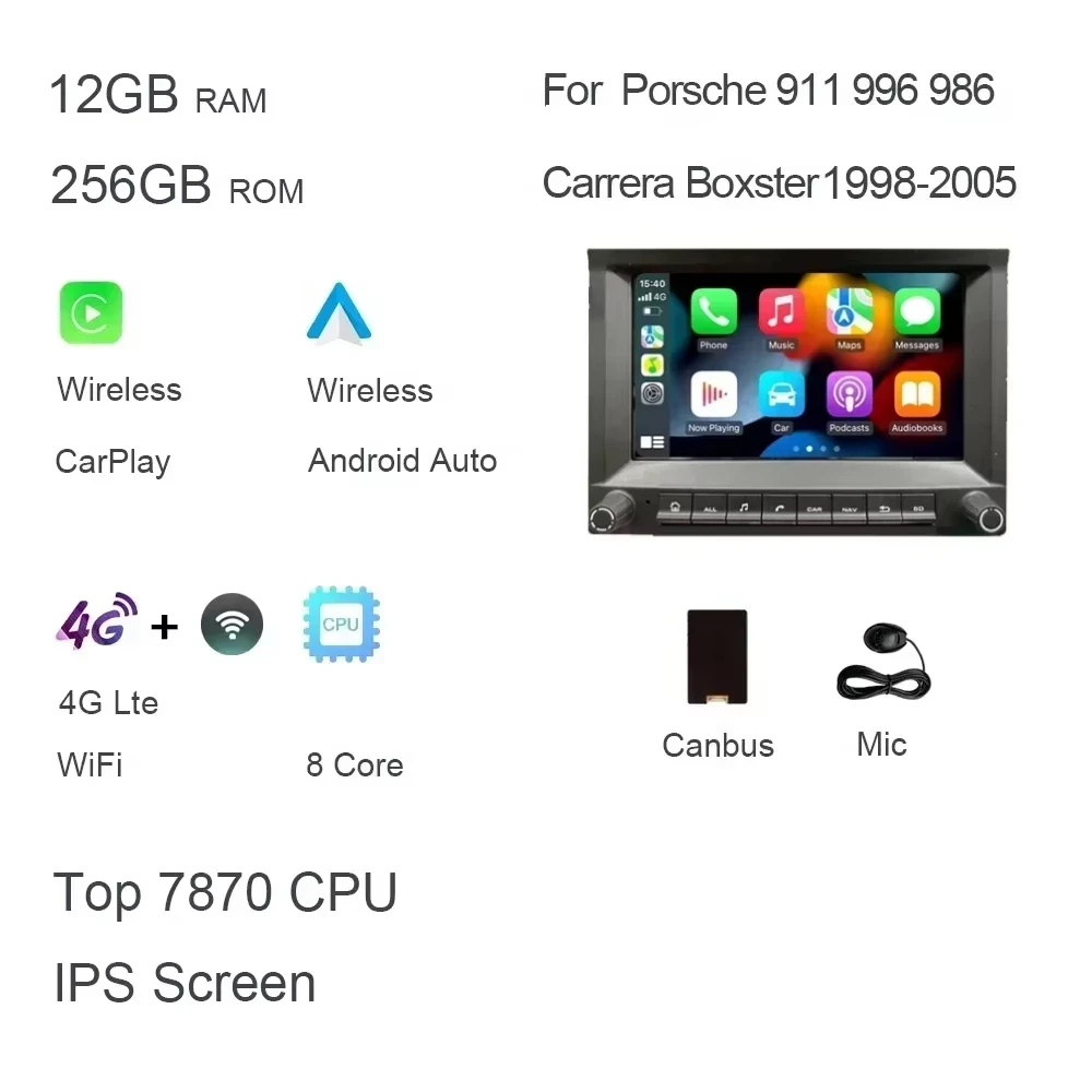 CarPlay 7 "2 din Android 14.0 Auto dvd-speler 8 Core 4GB DSP multimedia GPS autoradio Voor Porsche 911 996 986 Cayman Boxster
