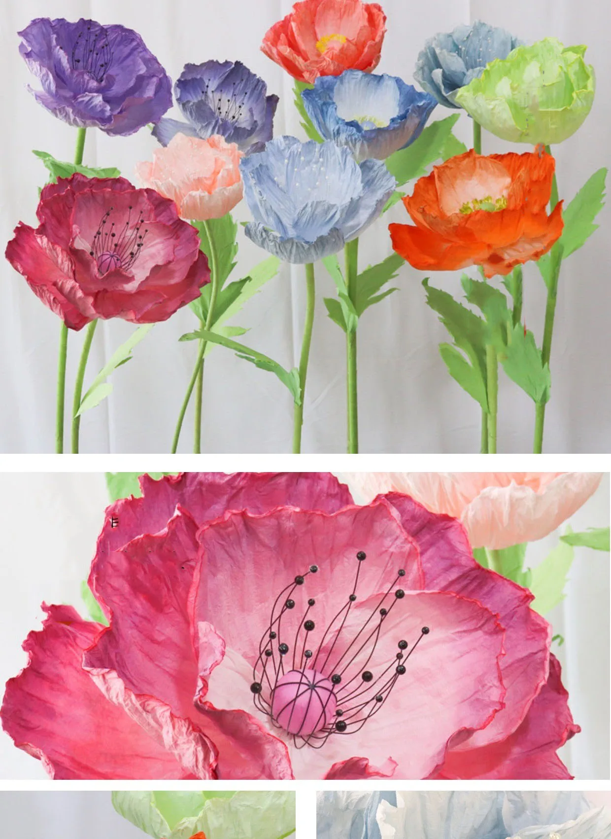 Große Mohnblumen aus Papier für Hochzeitsdekoration, Wegweiser, Mohnblumenständer, Geburtstagsparty-Hintergrund, Dekoration, Ornamente, Bühnen- und Schaufenstergestaltung – Detail 1