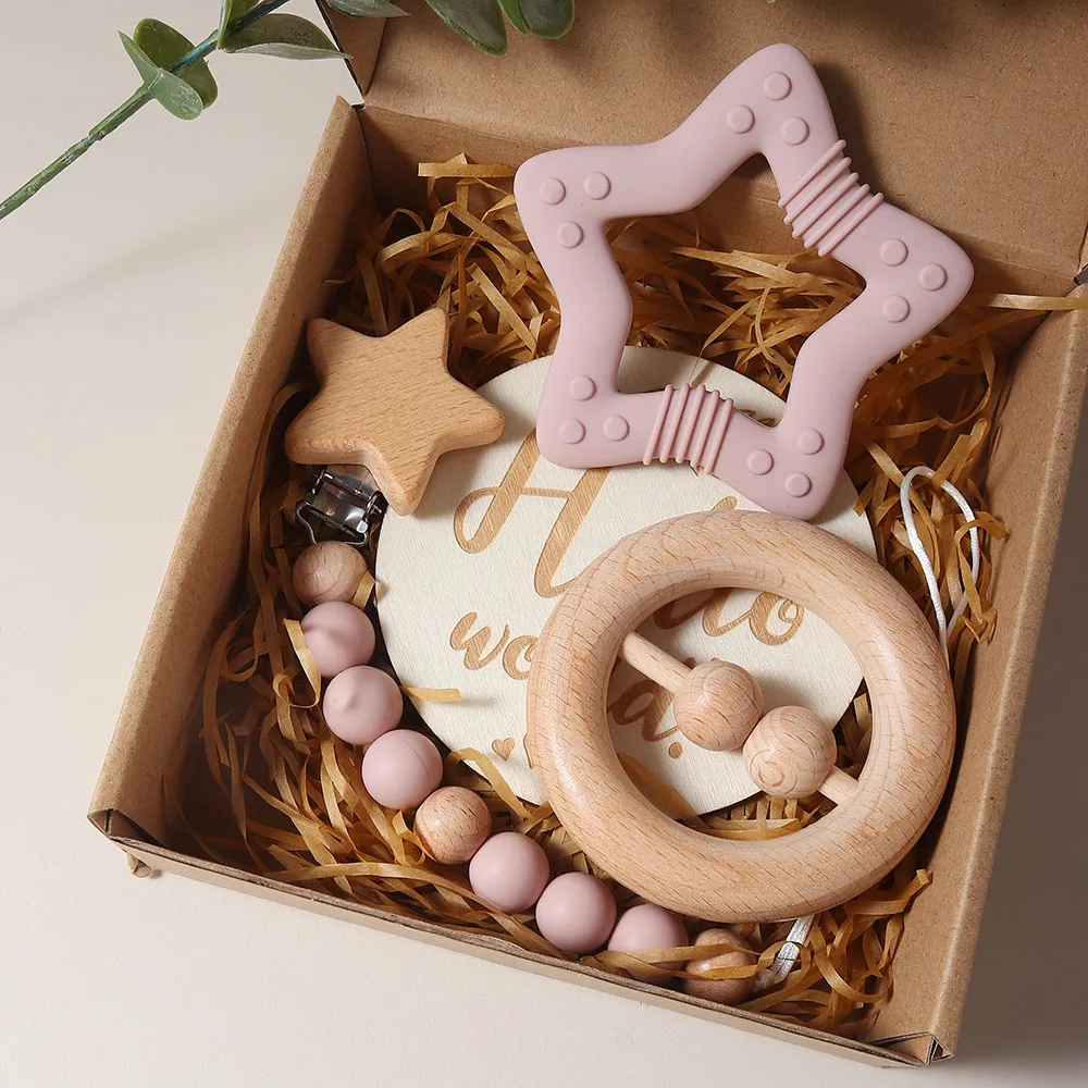 New born baby gift set silicone star teether wooden rattle Photography props