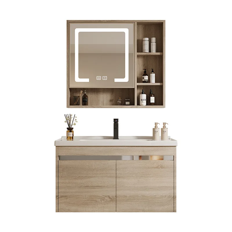 

Nordic modern log color aluminum honeycomb bathroom cabinet wash basin cabinet combination ceramic integrated basin