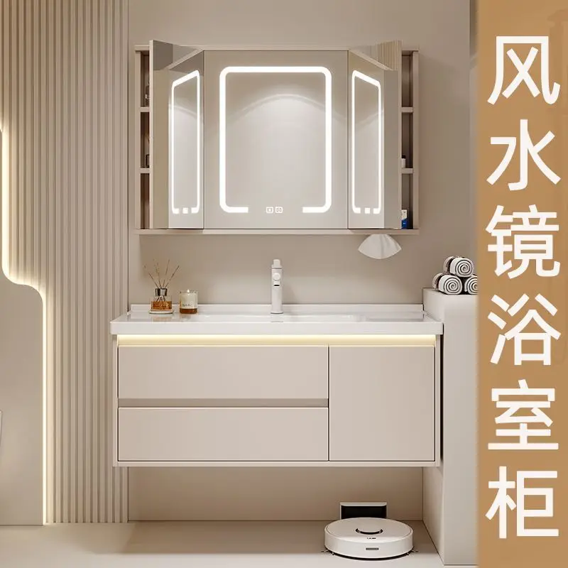 Folding push-pull hidden feng shui mirror bathroom cabinet ceramic integrated bathroom intelligent washbasin cabinet combination