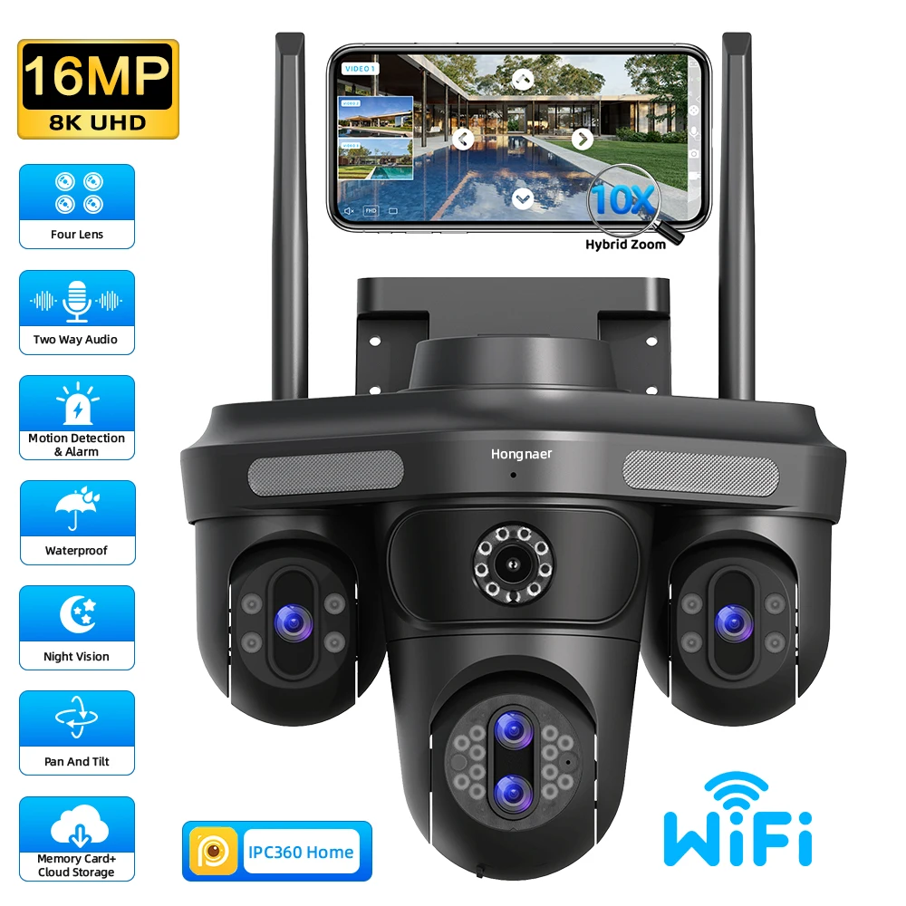 

Hongnaer 16MP 8K Waterproof Outdoor Four Lens 10X Zoom IP PTZ IPC360 Home WiFi Night Vision Wireless Security CCTV Camera