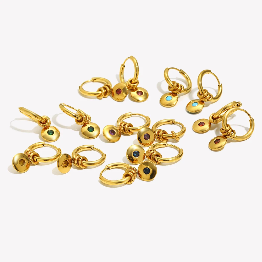 E.B.belle Round Card 12 Month Birthstone Hoop Earring With Three Circle Colorful Stone Cute Statement Women's Jewelry