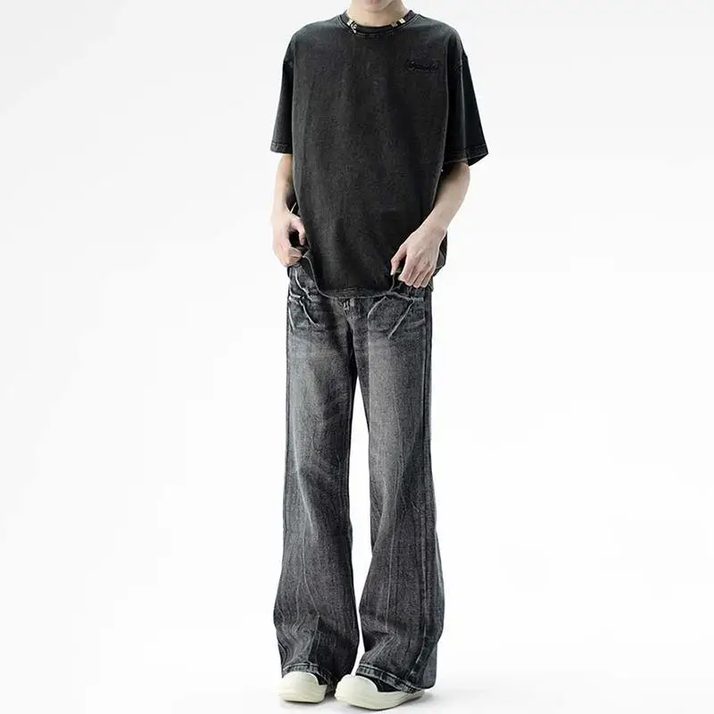 Men's Crack Pattern Design Vibe Casual Jeans Spring Vintage Wide Legs Sweatpants Male Bottom Cool Boy High Waist Y2k Trousers