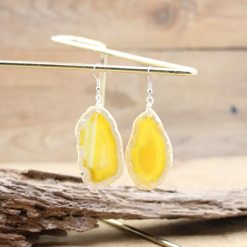 Colourful Agates Slice Hook Earrings Irregular Raw Stone Slab Dangle Reiki Eardrop Women Party Wedding Summer Jewelry QC7020