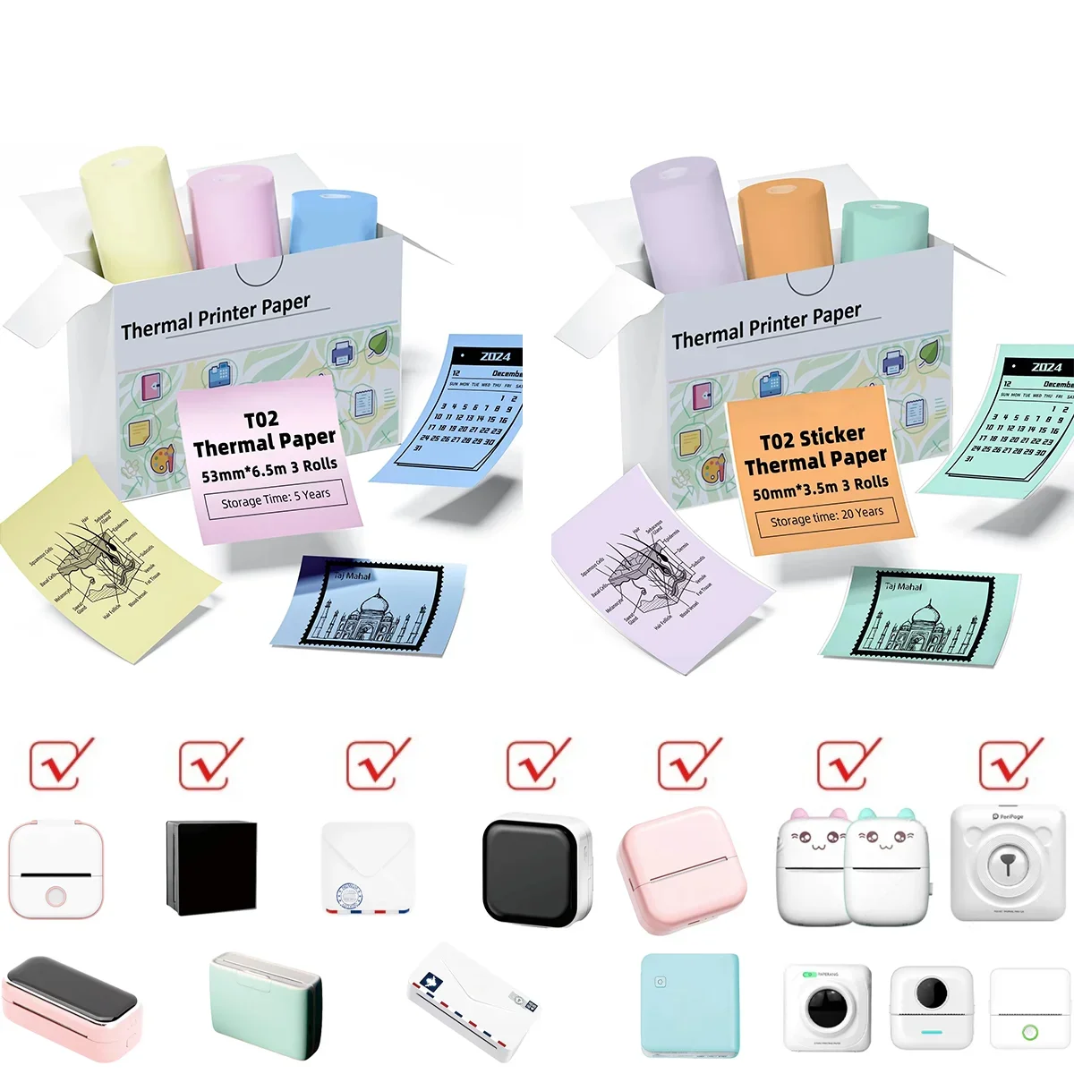 

3Rolls Thermal Paper For T02 Mini Printer,Color Thermal Paper 53mm 2"Size M832 Thermal Paper,For Notes,Photos,Stickers,Scrapbook