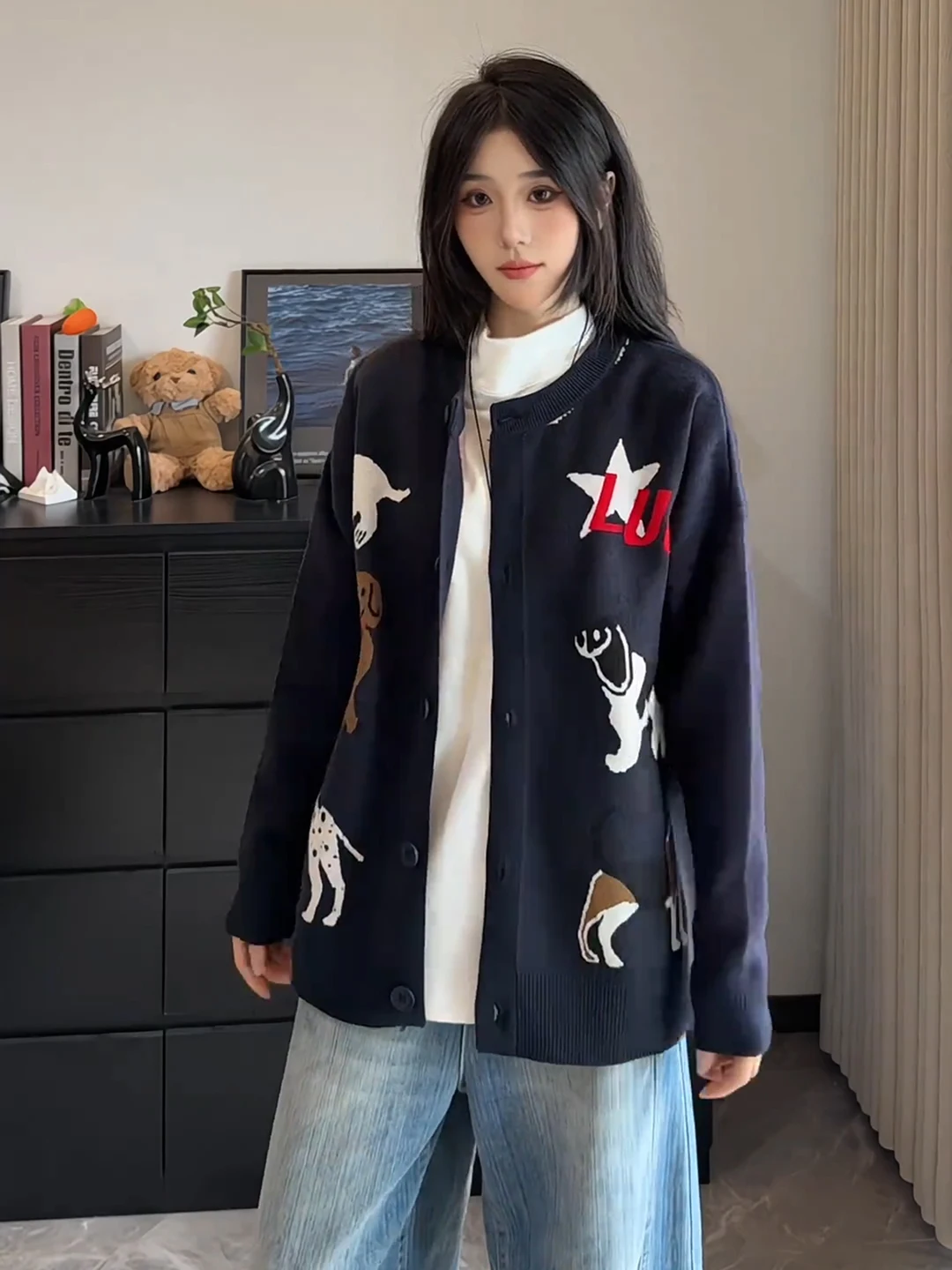 

Вязаный кардиган Lazy Dog для мужчин, с круглым вырезом, на пуговицах, повседневная одежда, парная куртка, мягкий полиэстер, длинный рукав