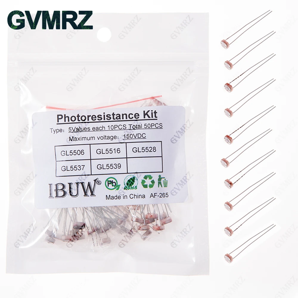 50PCS 5Values GL5528 GL5516 GL5506 GL5537 Photoresistance Kit for Light-Sensitive Sensor & Photocontrol Circuit DIY Projects