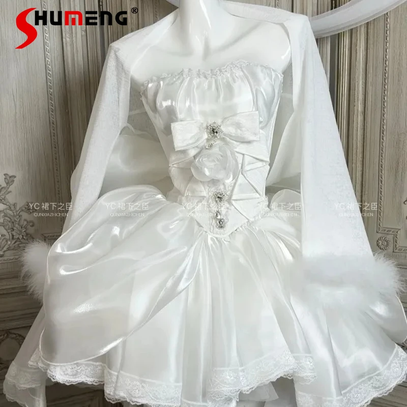 

Chic Elegant Bridal Sweet Lolita White Corset Oversized Bow Puffy Tulle Skirts Ruffle Hem Princess Prom Party Gown Skirts Sets