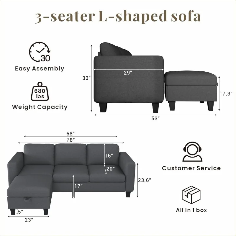 Couches for Living Room - Sectional Sofa L Shaped Cloud Couch-Small Modular 3 Seat-with Storage Chaise-UBS-Cup Holder,