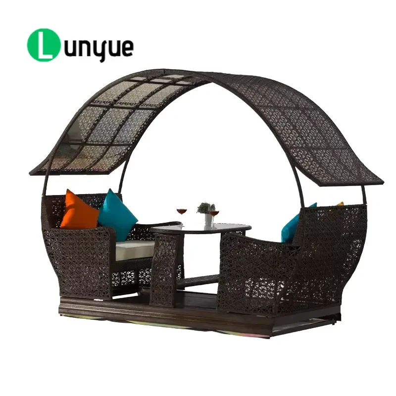 Modern White Brown 4 Seater Aluminum Frame Rattan Outdoor Rocking Chair Waterproof With Canopy Seat Cushion For Garden Patio