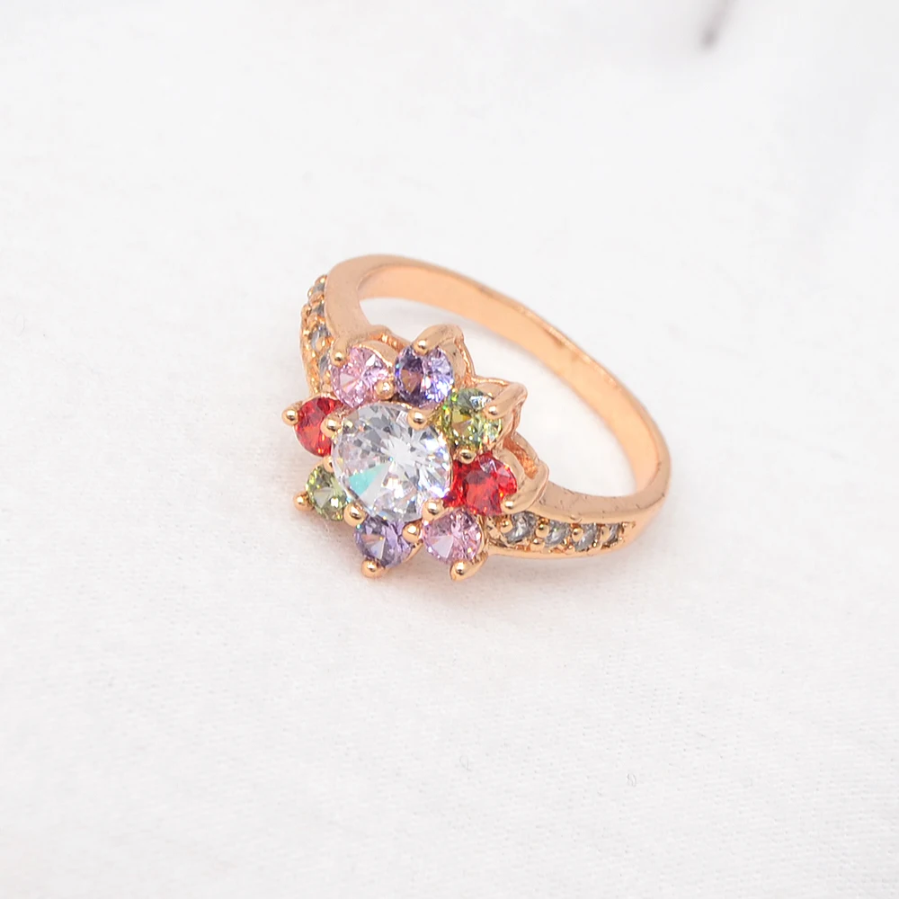 High Quality Gold Color Women Fashion Multicolor CZ Flower Ring Jewelry