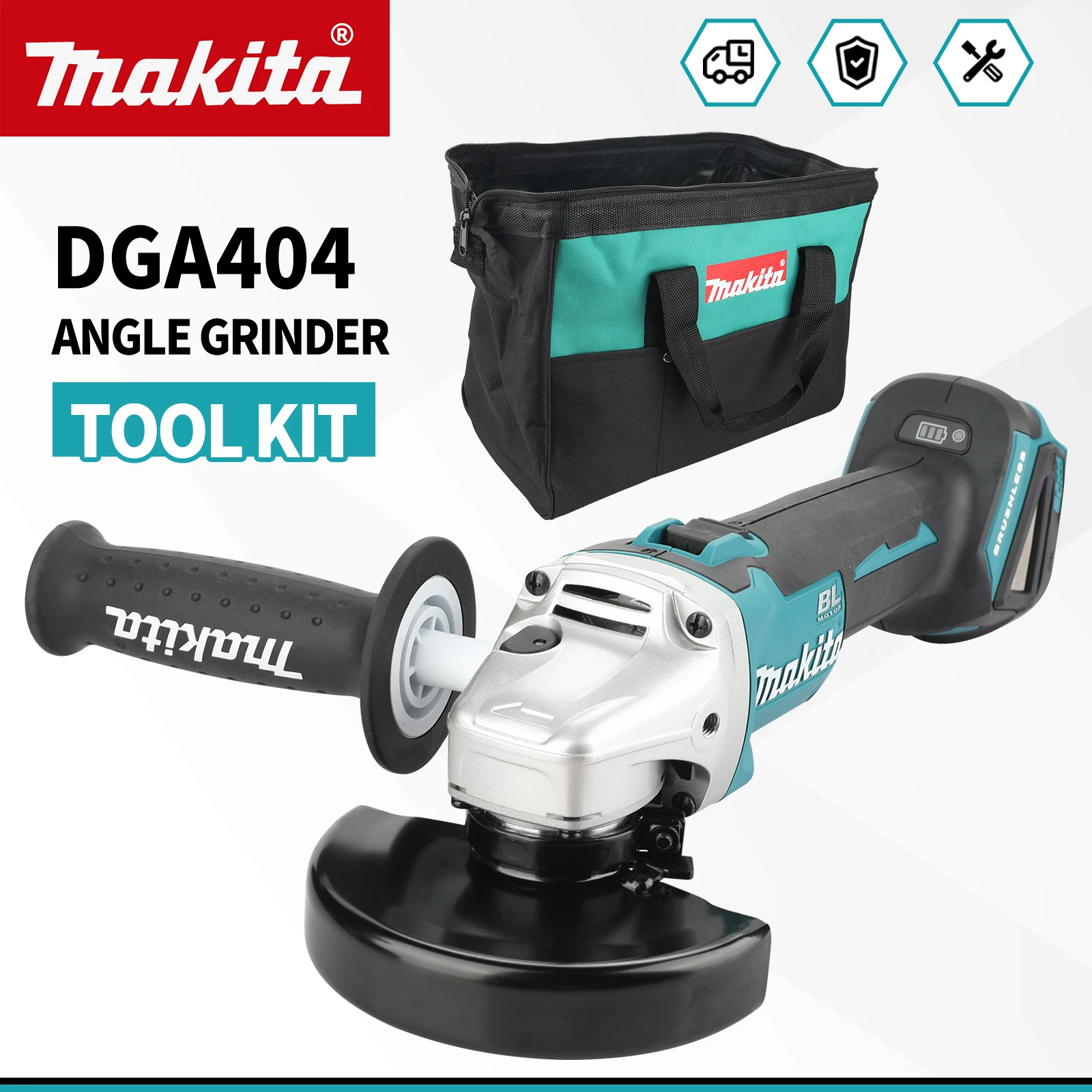 

Makita DGA404 brushless motor, angle grinder tool kit, for metal processing, with ergonomic handle and portable transport bag