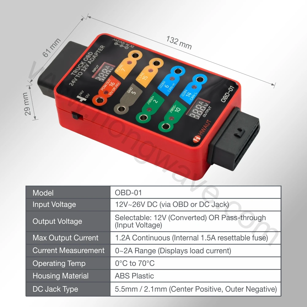 HWAUT Truck OBD2 24V to 12V Adapter Breakout Box with Dual LED Voltage Current Display Signal Detector for Heavy Duty Scanner