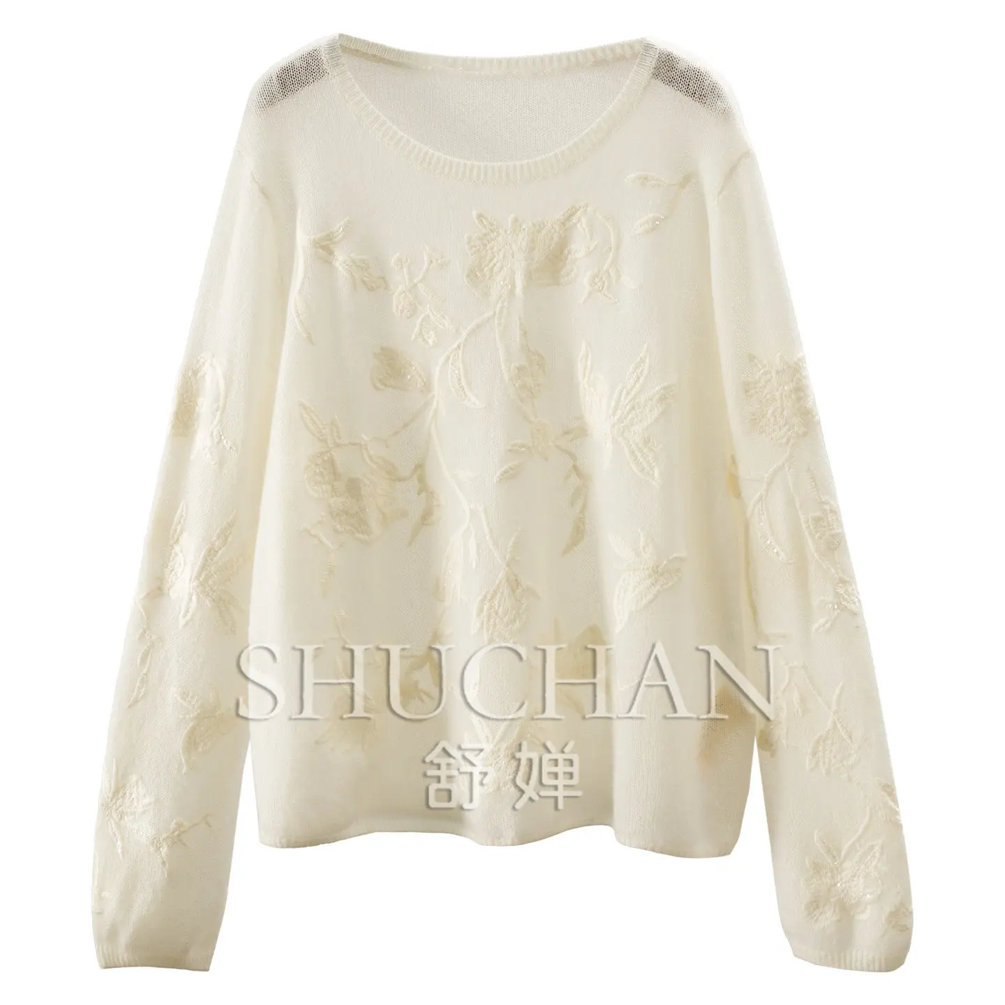 Pullover Industries Embossed Floral Embroidery 100% Cashmere Crew Neck Sweater Women's 69W5