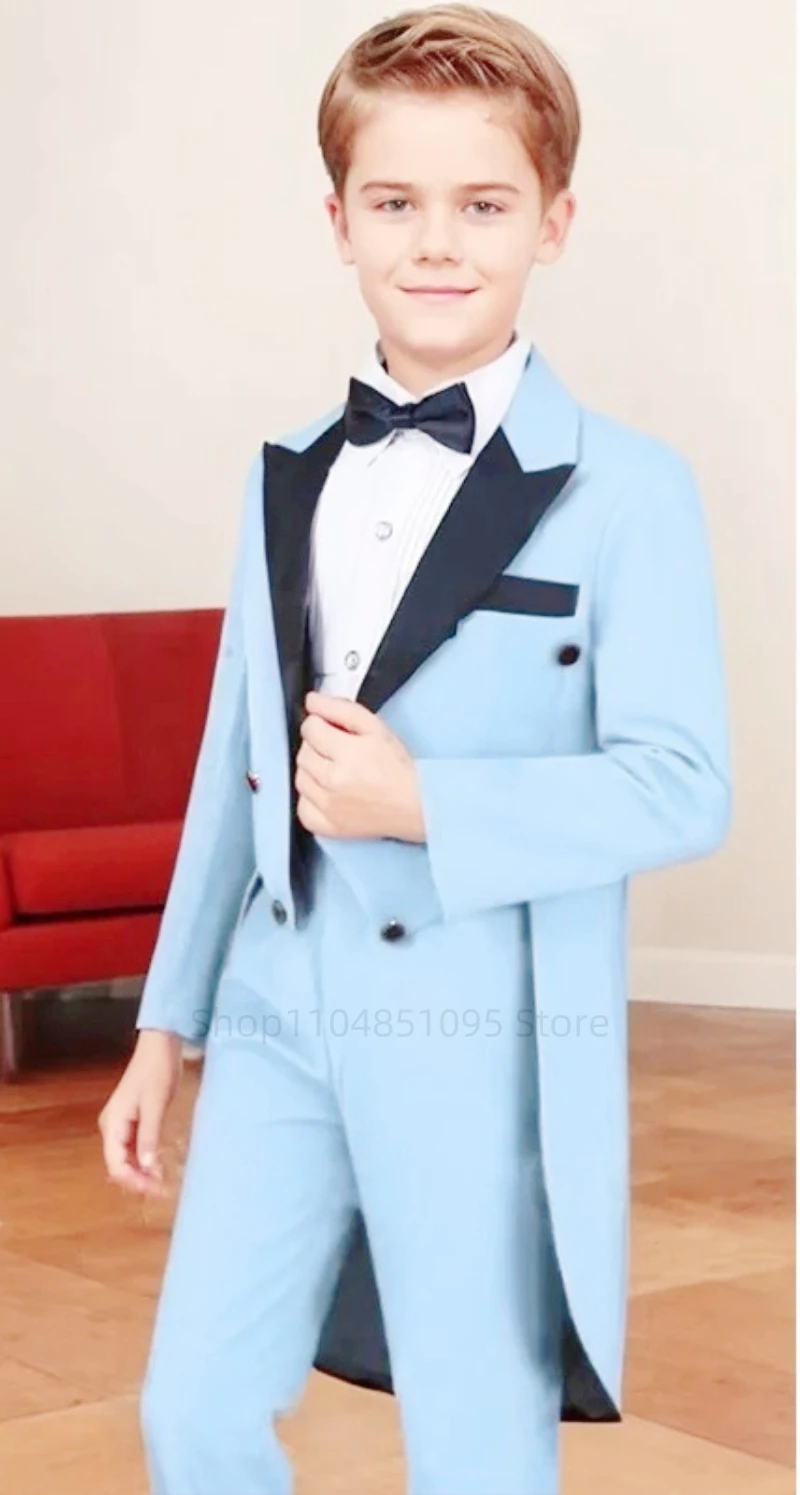 Sky Blue Boys Suits 3 Pcs Formal Blazer Vest Pants Kids Tailcoat Elegant Performance Clothes Party Prom Children Tuxedos Outfits
