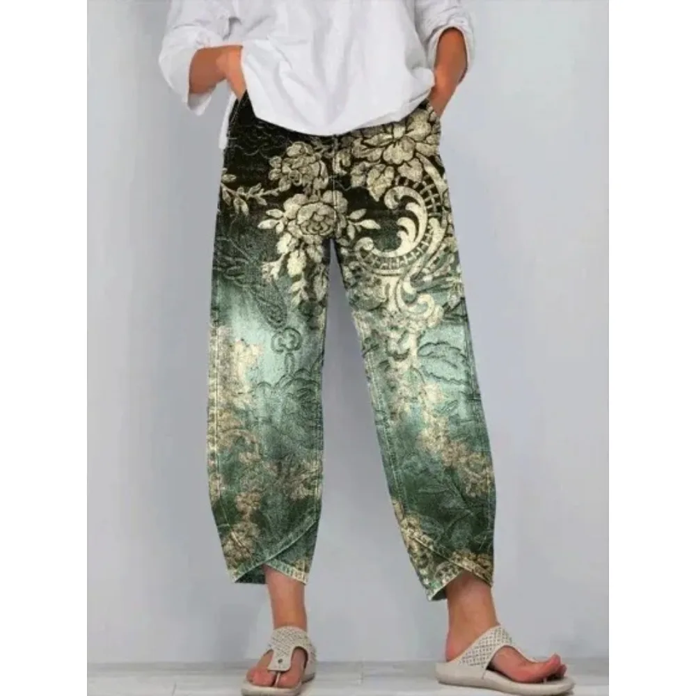 Damen Baumwoll-Caprihose mit Blumenmuster, Lässige Weite Haremshose in Knöchellänge mit Tulpenabschluss, Jogginghose für Tägliche Outdoor-Aktivitäten – Detail 6