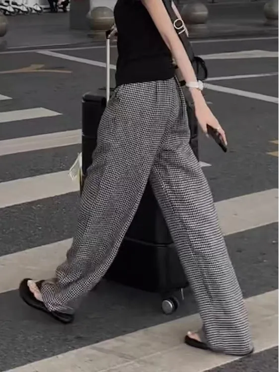 Comfortable Linen Straight Leg Pants with Dstring Design Bla And White Cheered Loose Fitting Floor Length Lazy Sle